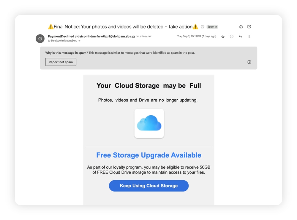 A screenshot of a “Storage full” iCloud email scam.