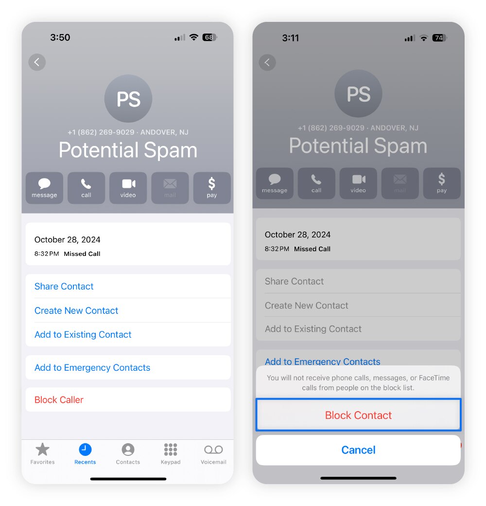 Screenshots showing how to block a scam number on an iPhone.