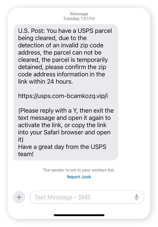 A fake USPS text delivery scam claiming a parcel is being detained due to an invalid zip code.