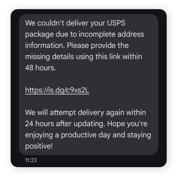 A USPS text message scam claiming the recipient needs to update their address.