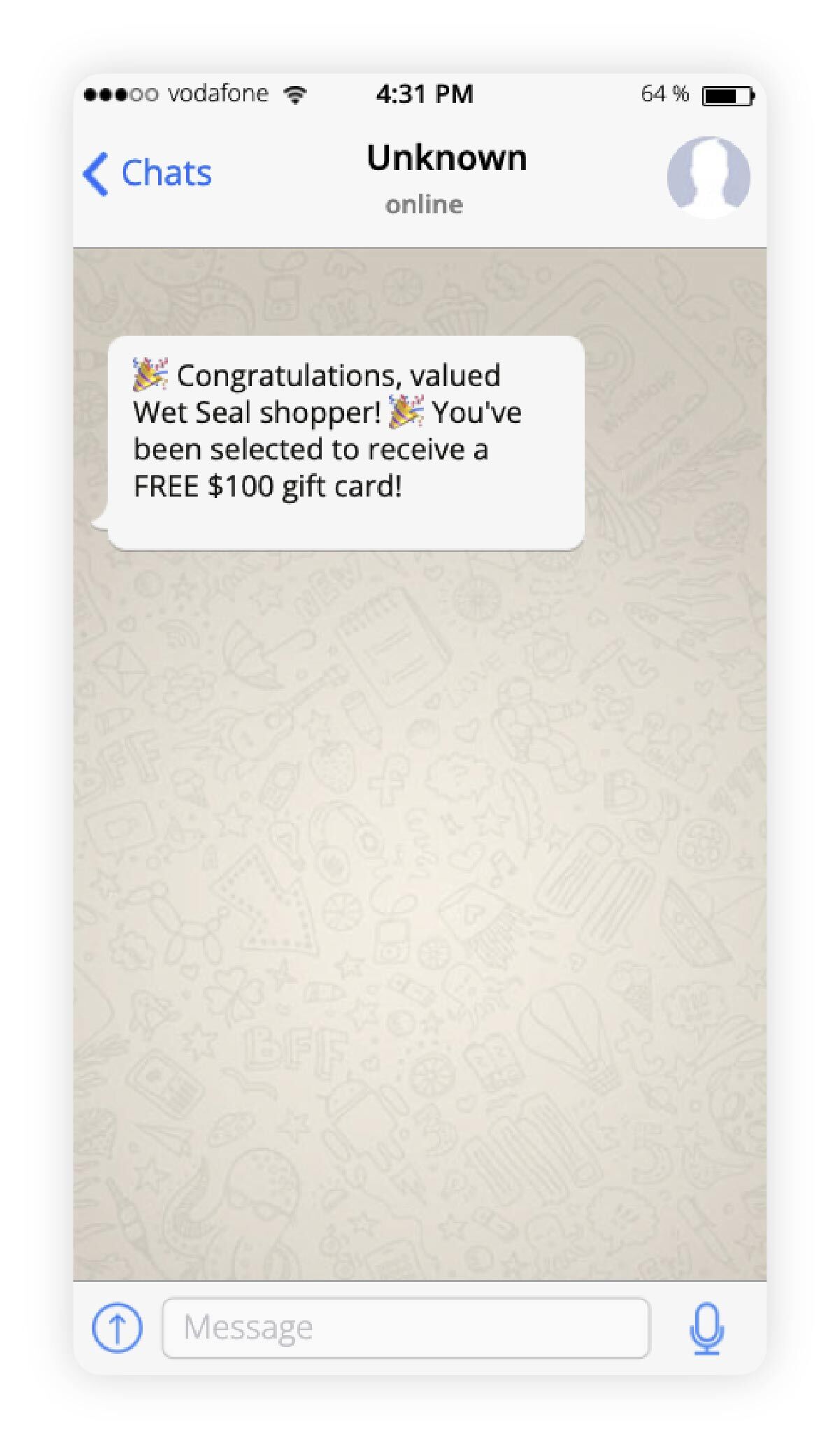 Screenshot of a WhatsApp message offering a free gift card from a popular retailer after completing a survey, likely a data harvesting scam.